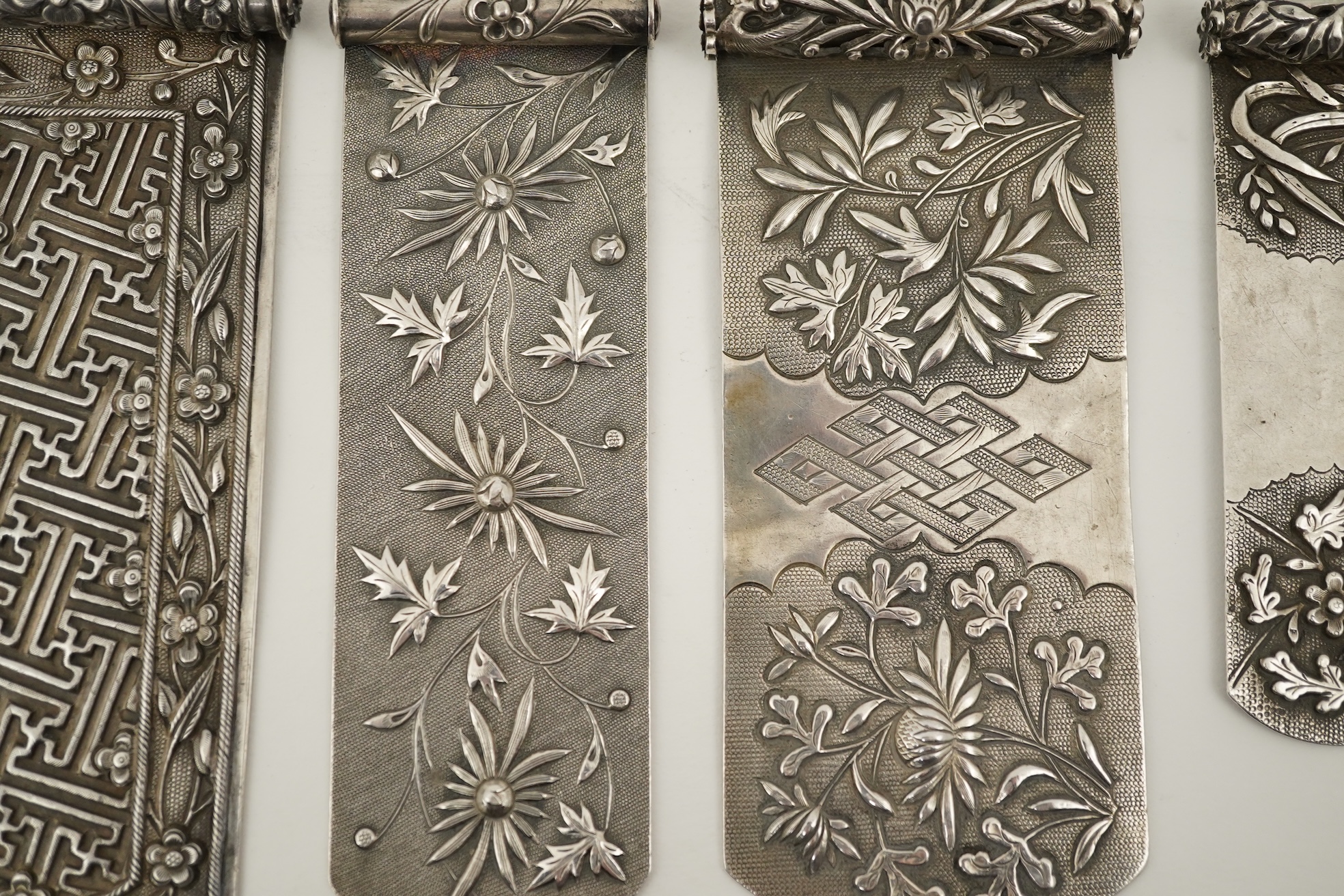 Four Chinese silver hair ornaments, bian fang, late 19th century